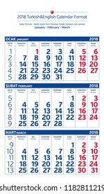 2019 Turkish-English Sailor Calendar Format. Week starts from Monday. Public holidays red colored. Vector Illustration.