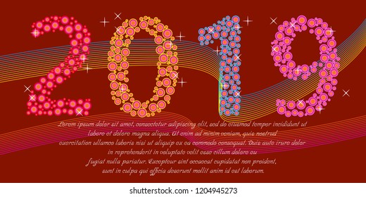 2019 Typographic Circle Background. Happy 2019 Concept. 3D Text Background. Minimal Graphic Design. Concept. For Graphic, Banners, Presentations, Wallpaper, Reports. Vector Illustration. Eps 10