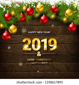 2019 vector background with christmas lights garland on wooden background.