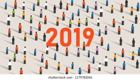 2019 vector background of a New Year eve celebration with crowd of people. Vector