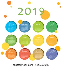 2019 vector calendar, colorful doodle style. Week starts on Sunday. Color round hand drawn frames
