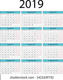 2019 vector calendar, new design