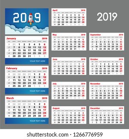 2019 Vector calendar template. Three month grid with numbers of weeks. Includes space for image and text. Used for web and print design.