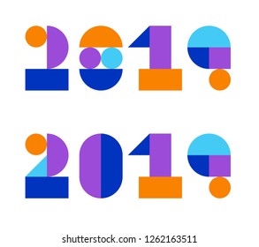 2019 vector colorful geometric numbers set. New year digits made of primitive shapes, circles, triangles, rectangles.