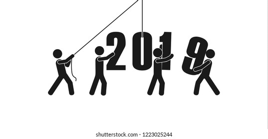 2019 Vector illustration small people are preparing for the new year, are engaged in decoration, the inscription New Year 2019 Vector illustration