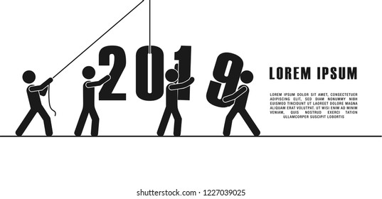 2019 Vector illustration small people are preparing for the new year, are engaged in decoration, the inscription New Year 2019 Vector illustration