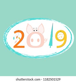  2019 Vector illustration Year of the Pig. Christmas card or background with cute stylized pig. Happy New Year, Merry Christmas! 