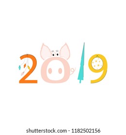  2019 Vector illustration Year of the Pig. Christmas card or background with cute stylized pig. Happy New Year, Merry Christmas! 