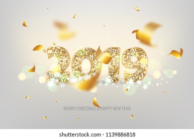 2019 magia vectorial de confeti dorado invitación a brillar. Feliz Navidad y Feliz Año Nuevo. Fondo blanco de vacaciones de año nuevo. Deslumbrante 3d de Navidad 2019.