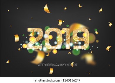2019 vector magic golden confetti shimmer invitation. Merry Christmas and Happy New Year. Holiday new year dark background. Sparkle 2019 year number Christmas 3d lights.