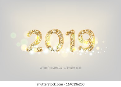 2019 vector magic golden confetti shimmer invitation. Merry Christmas and Happy New Year. Holiday new year white background. Sparkle 2019 year number Christmas 3d lights.