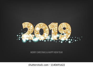 2019 vector magic golden confetti shimmer invitation. Merry Christmas and Happy New Year. Holiday new year dark background. Sparkle 2019 year number Christmas 3d lights.