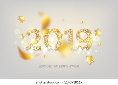2019 vector magic golden confetti shimmer invitation. Merry Christmas and Happy New Year. Holiday new year white background. Sparkle 2019 year number Christmas 3d lights.