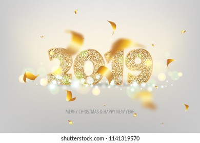 2019 vector magic golden confetti shimmer invitation. Holiday new year white background. Sparkle Christmas  3d lights.