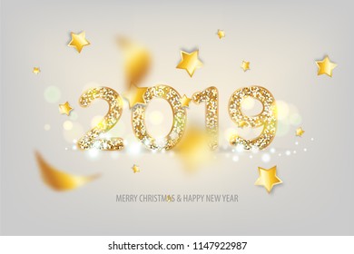2019 vector magic golden confetti shimmer invitation. Holiday new year white background. Sparkle Christmas 3d lights.