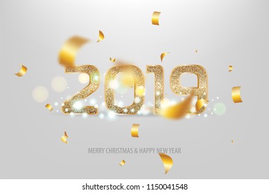 2019 vector magic golden confetti shimmer invitation. Holiday new year white background. Sparkle Christmas 3d lights.