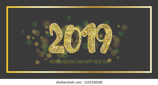 2019 vector magic golden confetti shimmer invintation. Holiday new year golden background. Sparkle Christmas lights.