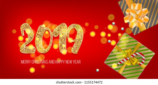 2019 vector magic golden confetti shimmer invintation. Holiday new year gifts bow background. Sparkle Christmas lights.