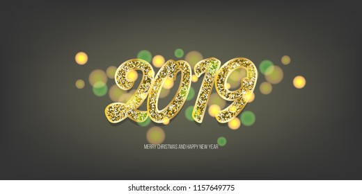 2019 vector magic golden confetti shimmer invintation. Holiday new year dark night background. Sparkle Christmas lights.