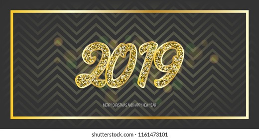 2019 vector magic golden confetti shimmer invintation. Holiday new year dark night background. Sparkle Christmas lights.