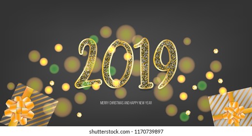 2019 vector magic golden confetti shimmer invintation. Holiday new year gift bow dark night background. Sparkle Christmas lights.