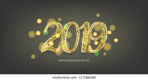 2019 vector magic golden confetti shimmer invitation. Holiday new year dark night background. Sparkle Christmas 3d lights.