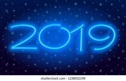 2019 vector neon text on a snowflakes background. New Year glowing neon color sign.