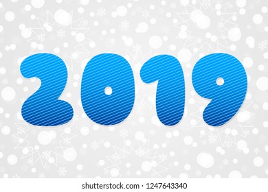 2019 vector striped symbol. Happy New Year illustration. Decorative blue icon on Christmas background with snowflakes, stars for winter holiday, decoration, web, design