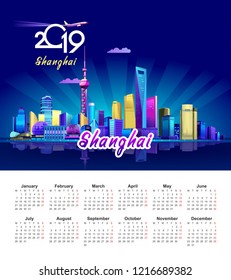 2019 vertical calendar with the image of the night neon of the Chinese city of Shanghai in English