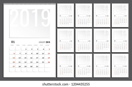 2019 Wall Calendar Bent Corners Style Grids American English Complete Set Week Begins from Sunday Template - Grey Multicolor and White Elements on Dark Background - Vector Contrast Graphic Design