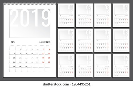 2019 Wall Calendar Bent Corners Style Grids European English Complete Set Week Begins from Monday Template - Grey Multicolor and White Elements on Dark Background - Vector Contrast Graphic Design