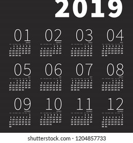 2019 Wall or Table Calendar European English Inverted Huge Numerals Style Grids Week Begins from Monday Template - White Elements on Black Stripes Background - Vector Contrast Graphic Design