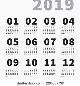 2019 Wall or Table Calendar European English Huge Numerals Style Grids Week Begins from Monday Template - Black Elements on White Stripes Background - Vector Contrast Graphic Design