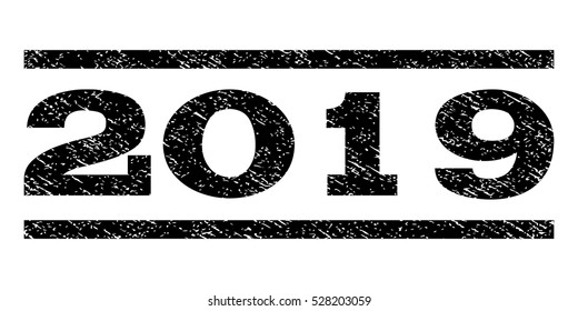 2019 watermark stamp. Text caption between horizontal parallel lines with grunge design style. Rubber seal black stamp with unclean texture. Vector ink imprint on a white background.