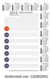 2019 Week Planner Calendar Poster Vector Template.