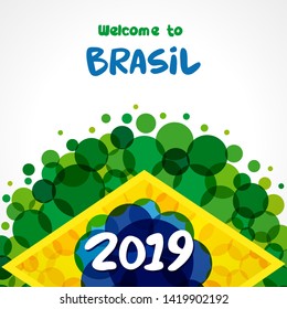 2019 bienvenido a Brasil de fondo verde. Patrón del mundo de Brasil con acuarela plana en los colores de la bandera brasileña. Copa América 2019. Ilustración del vector