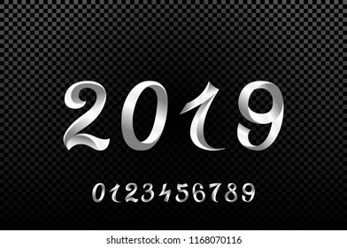 2019 white New Year sign with glitter and loading panel on black background. Vector illustration. art
