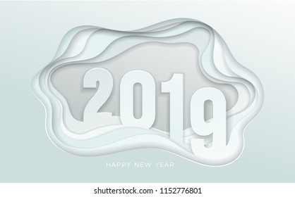 2019 White number text design typography pattern. Paper art and digital craft style. Happy new year and winter season. Text Vector illustration. Isolated on white background