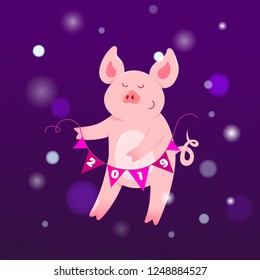 2019 winter cute piggy card with snowflake. Happy New Year funny cartoon pig character, symbol of the year on purple background. Vector illustration for greeting poster, print design, party invitation