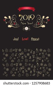2019 Winter Holiday Happy New Year  Christmas Beautiful card symbols snowman, Christmas tree, Christmas ball, hat, reindeer, stars, heart, snowflakes festive decoration icons drawing design vector