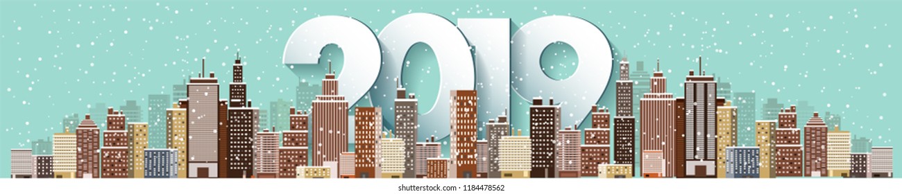 2019. Winter urban landscape. City with snow. Christmas and new year. Cityscape. Buildings.Vector illustration.Lettering.