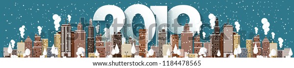 2019.\
Winter urban landscape. City with snow. Christmas and new year.\
Cityscape. Buildings.Vector\
illustration.Lettering.