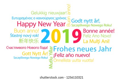 2019 wordcloud - happy new year in different languages