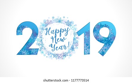 2019 xmas greetings. Snowy logotype template design, abstract isolated 3d graphic, bright blue ultraviolet coloured emblem. Seasonal sale digits with snowball. Calligraphic and calender elements.
