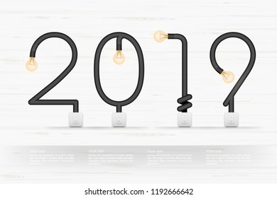 2019 Year - Abstract light bulb and light switch on wood background. Vector illustration.