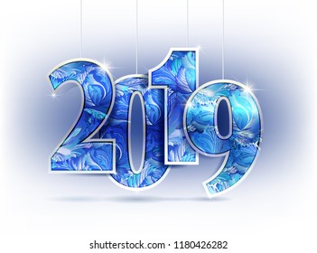 2019 year blue cyan frost pattern shine design on light background 2019 creative design for greetings card, flyers, invitation, posters, brochure, banners, calendar Vector illustration stock vector.