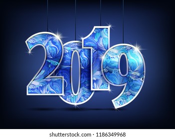 2019 year blue cyan frost pattern shine design on darck background 2019 creative design for greetings card, flyers, invitation, posters, brochure, banners, calendar Vector illustration stock vector.