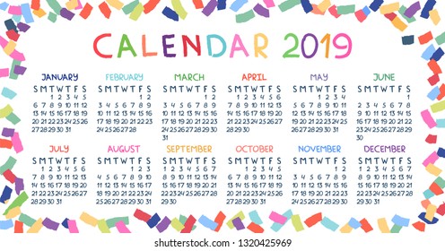 2019 year calendar in bright and colorful confetti frame.