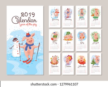2019 year calendar with cartoon stylized pigs. Vector illustration
