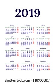 2019 year calendar. Classical, minimalistic, simple design. White background. Vector Illustration. Week starts from monday.